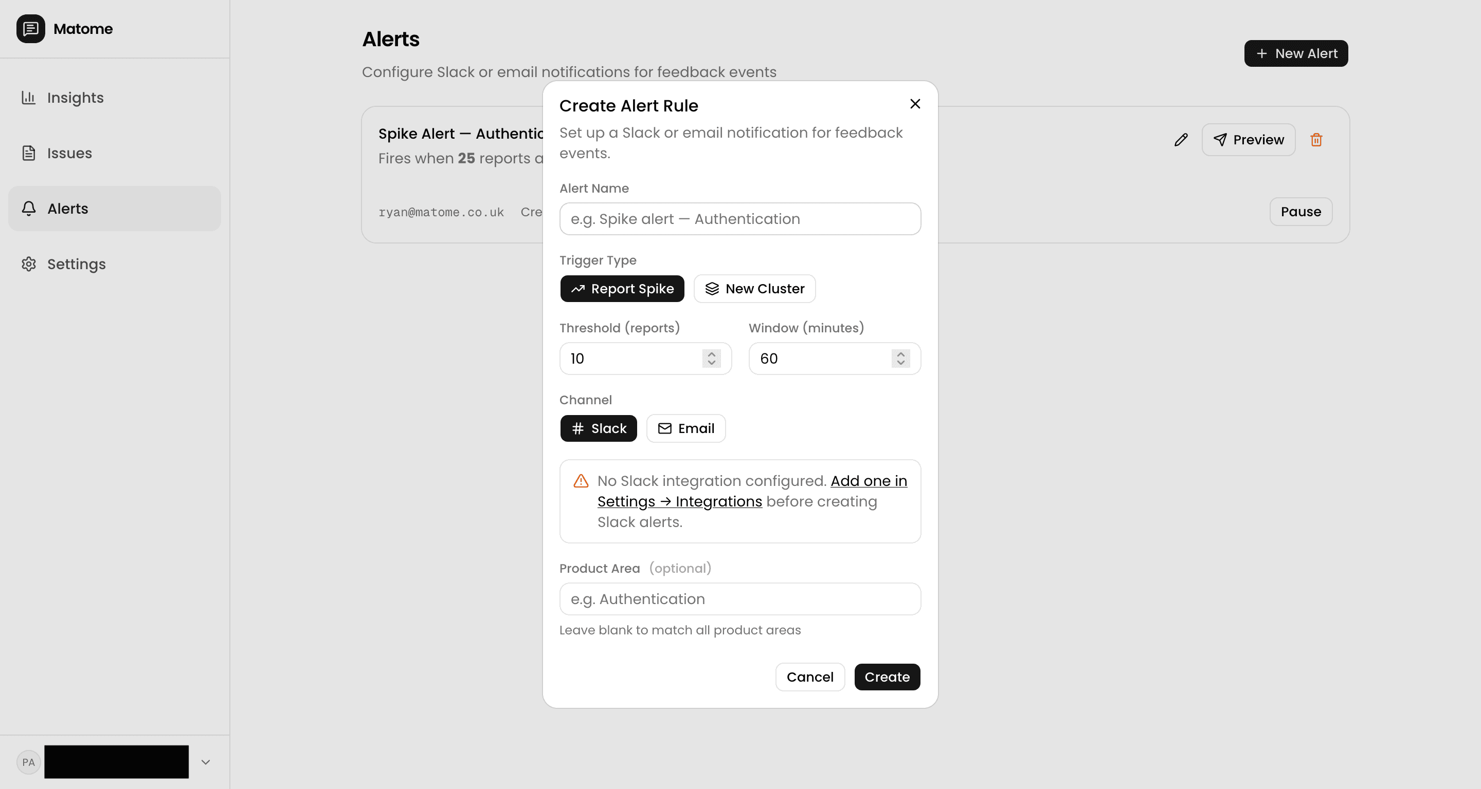 Alerts page showing spike thresholds and Slack notifications for new issue clusters