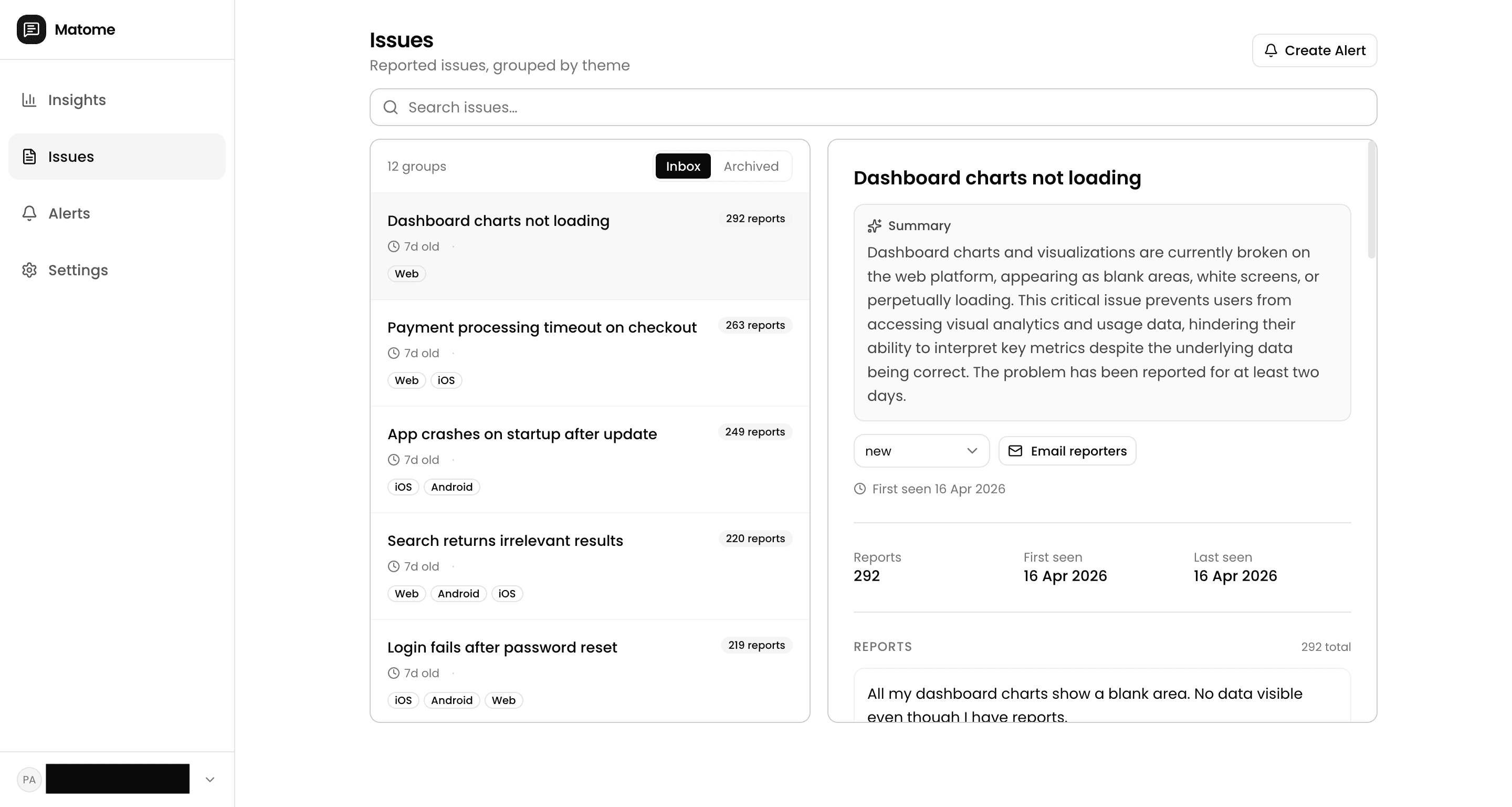 Issues page showing user feedback grouped into clusters with volume and summary
